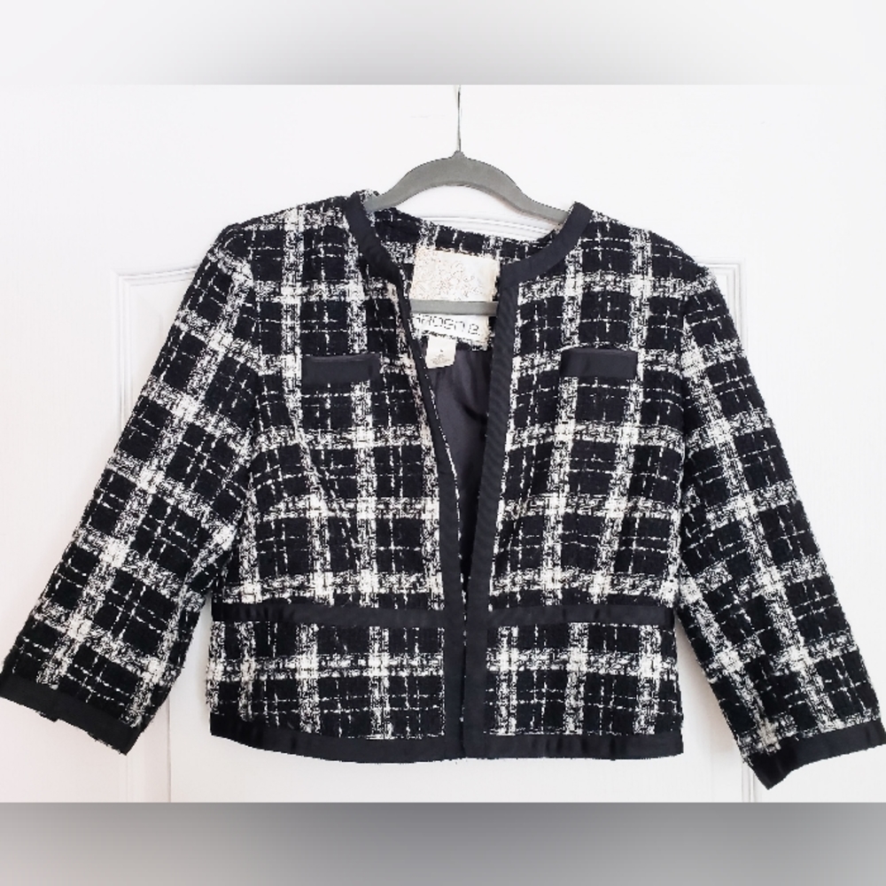 Arden B Black & White Plaid 3/4 Sleeve, Cropped Blazer